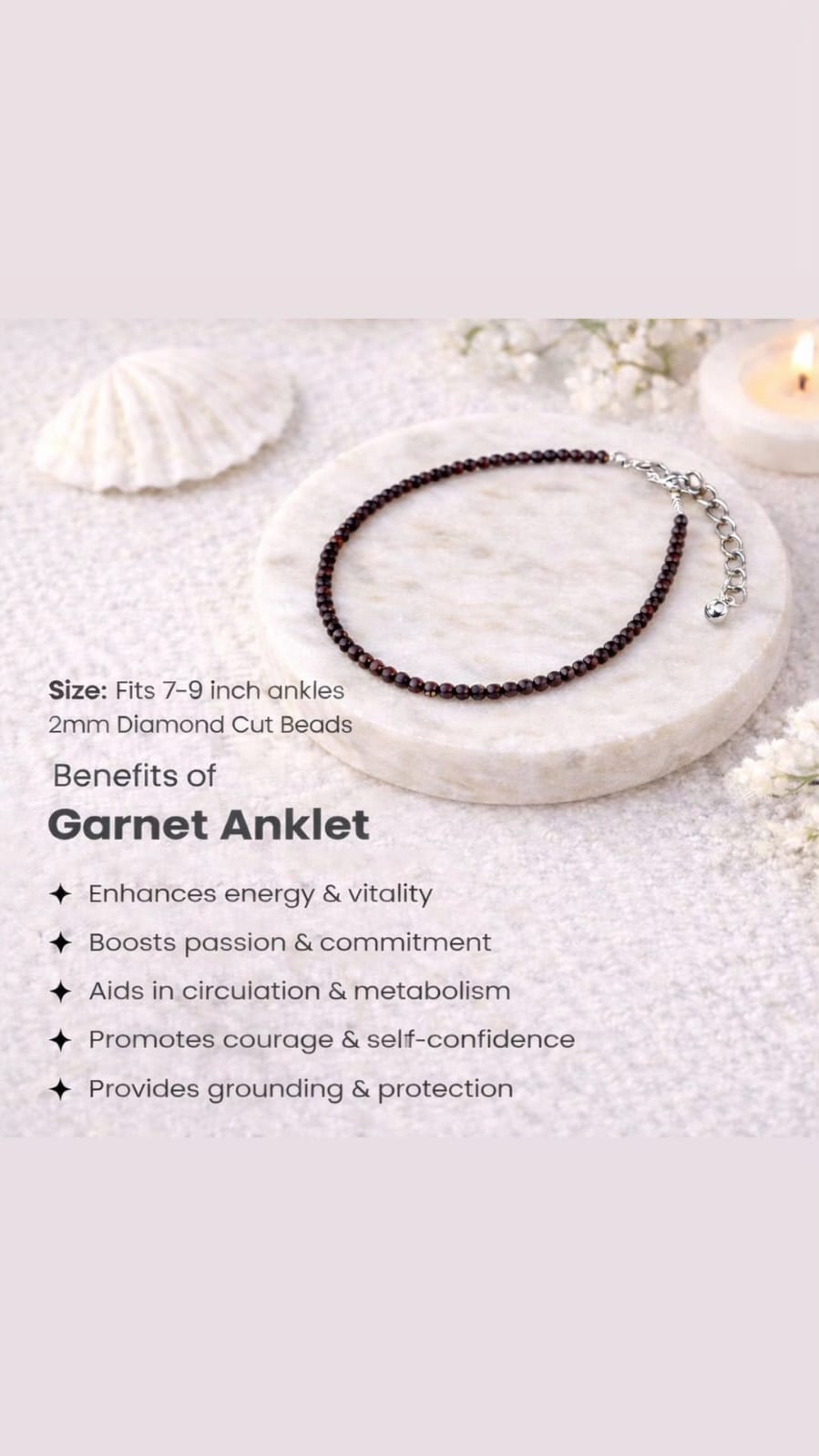 Garnet anklet on a white surface with shell and candle decorations, and text detailing benefits.