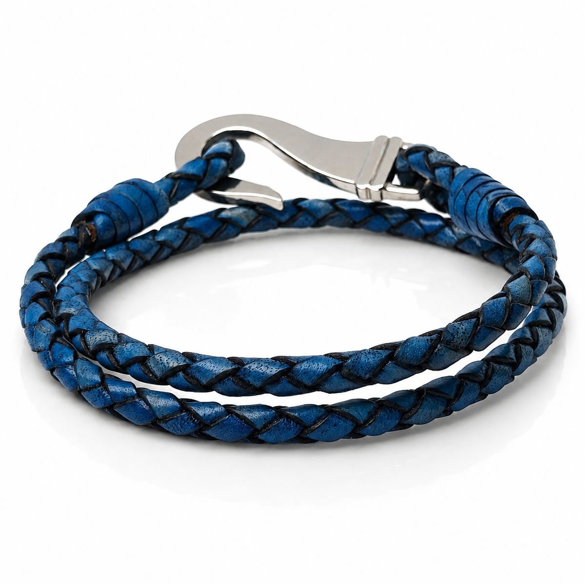 A blue braided leather bracelet with a silver-tone metal lobster clasp, shown on a clean white background.
