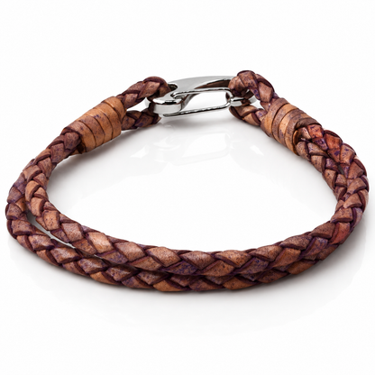 A braided leather bracelet in shades of brown and reddish-brown, featuring a silver-toned metal lobster clasp, shown on a clean white background.