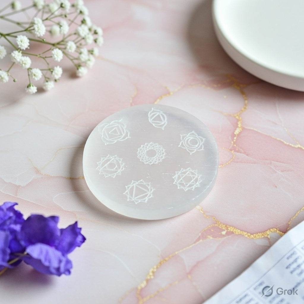 Selenite Charging Plate with carving (3 inch)