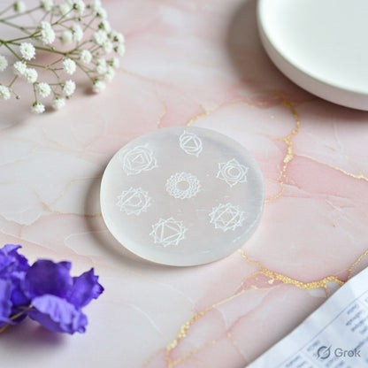 Selenite Charging Plate with carving (3 inch)