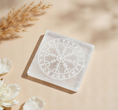Selenite Charging Plate with carving (3 inch)