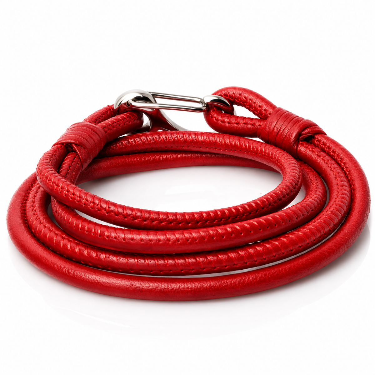 A coiled red braided leather strap with a silver metal carabiner clip, shown on a clean white background.