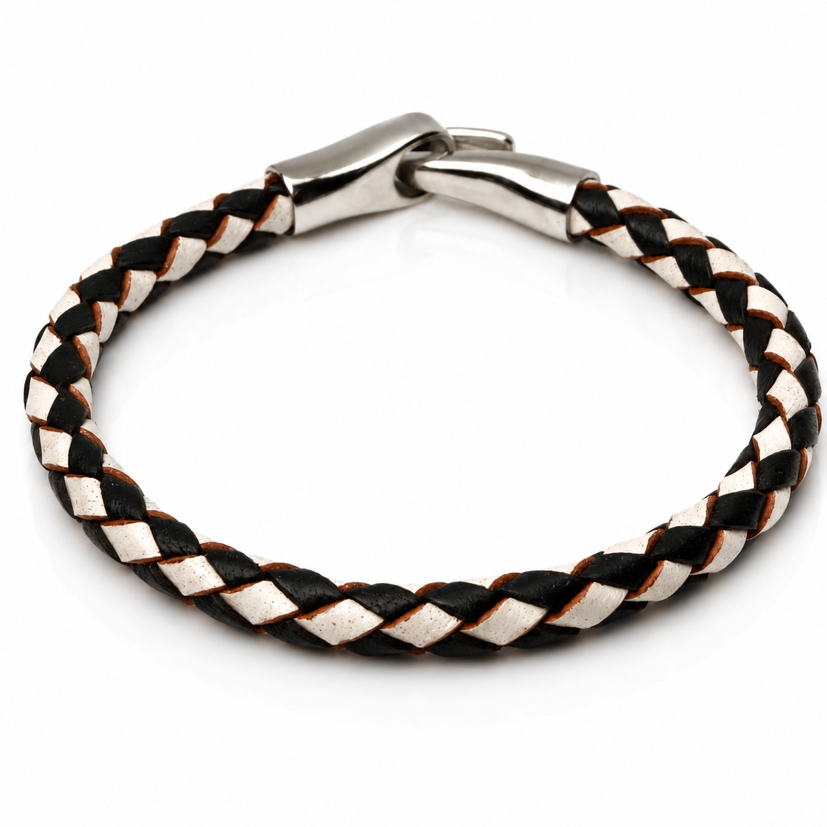 A braided leather bracelet with alternating black and white leather strands, featuring a polished silver-toned metal clasp, shown on a plain white background.
