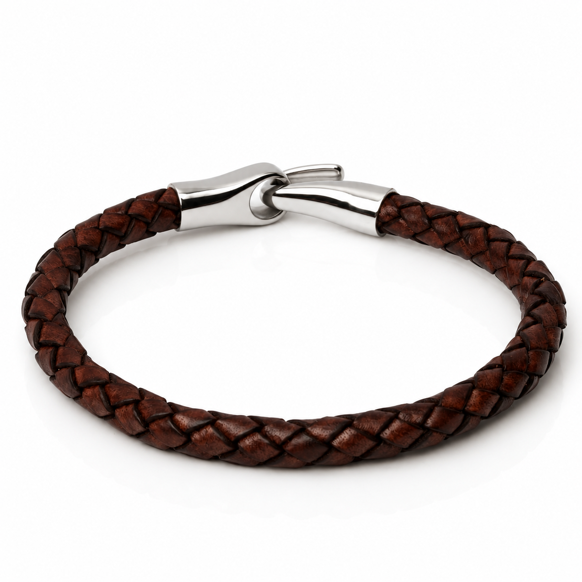 A brown braided leather bracelet with a polished silver-toned metal clasp, shown on a clean white background.