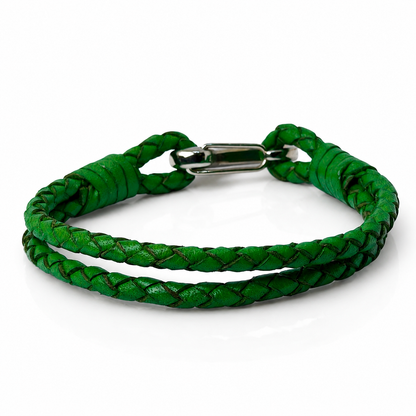 A green braided leather bracelet with a silver metal clasp, shown on a clean white background.