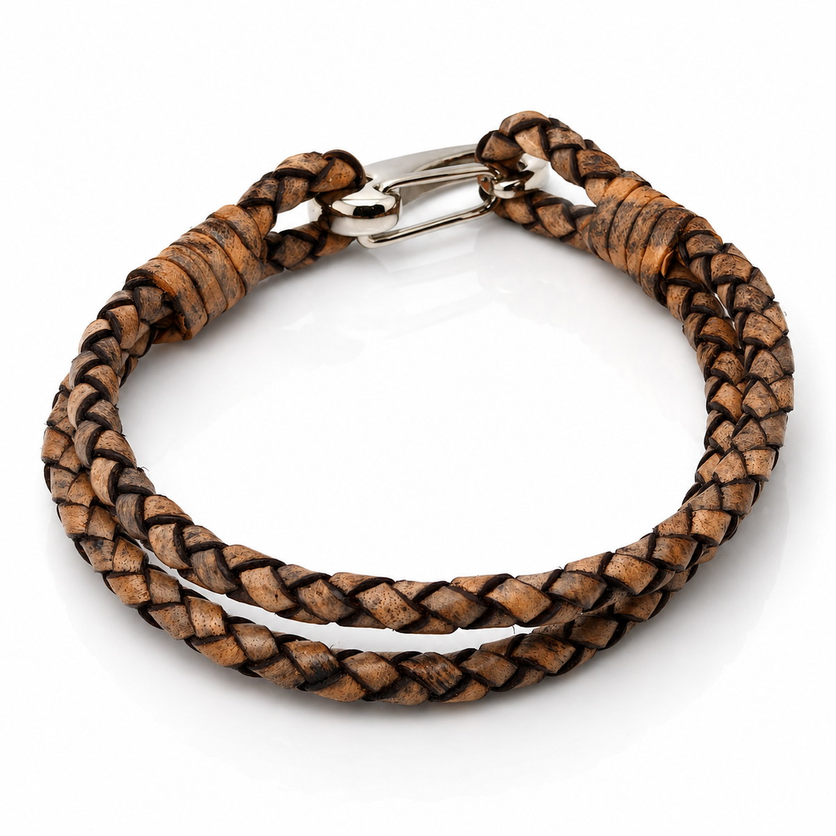A double-strand braided leather bracelet in shades of brown with a polished silver-tone metal clasp, shown on a clean white background.