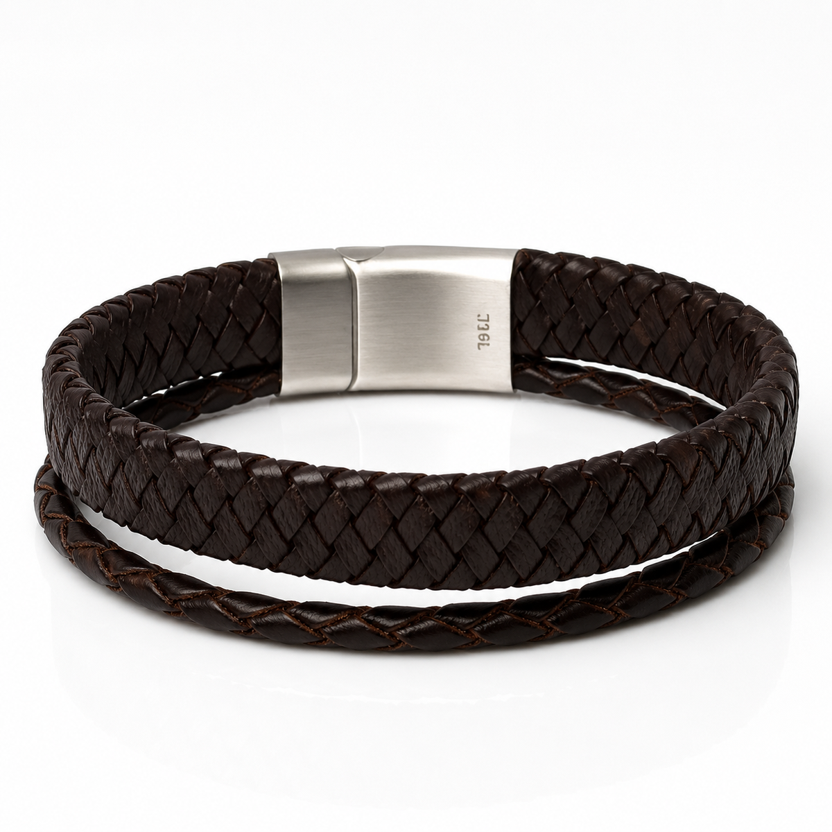 A dark brown braided leather bracelet with a brushed silver metal clasp, shown on a clean white background.