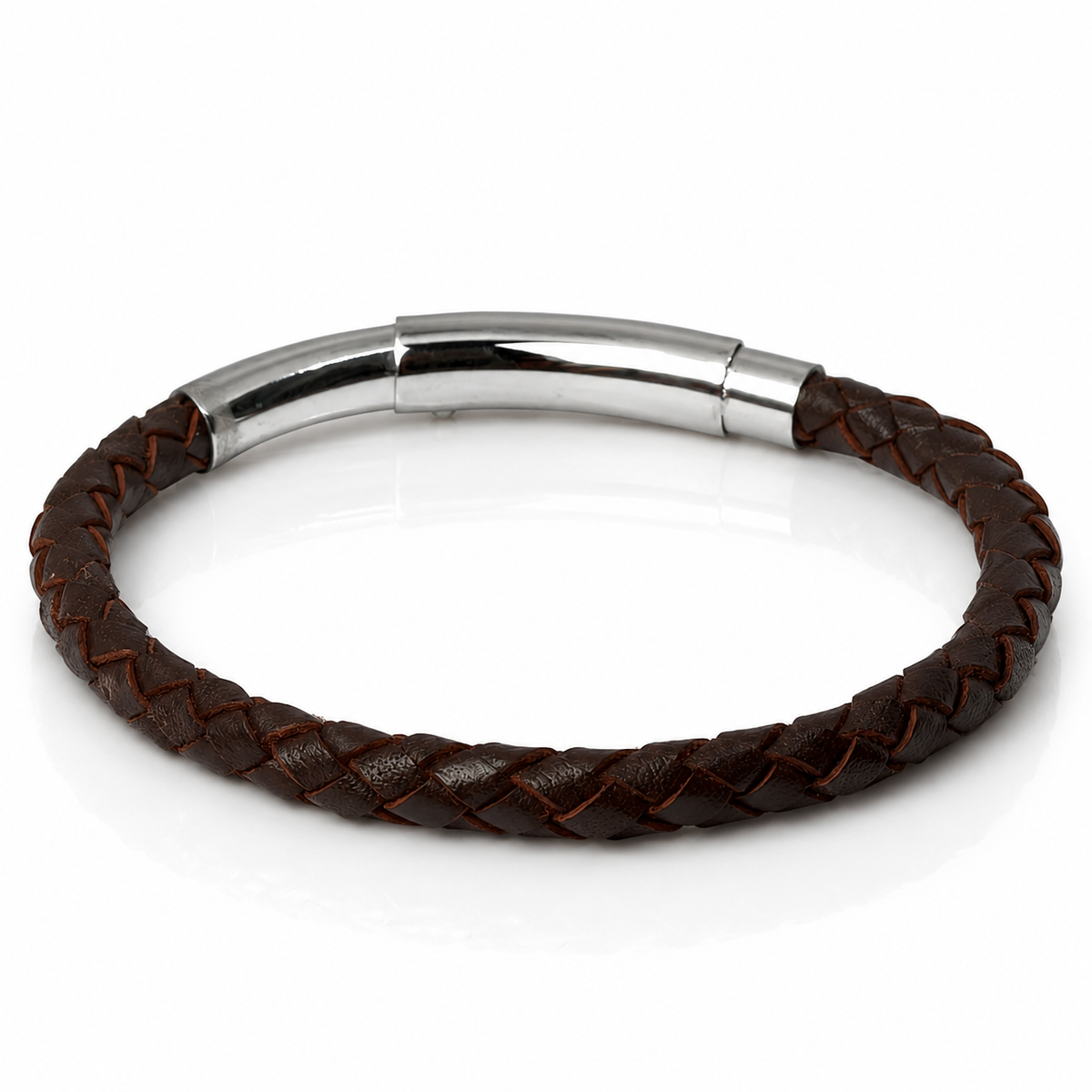 A dark brown braided leather bracelet with a polished silver-toned magnetic clasp, shown on a clean white background.
