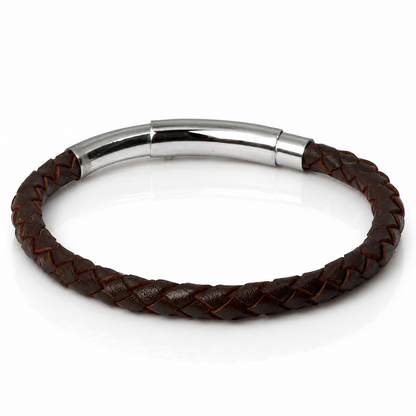 A dark brown braided leather bracelet with a polished silver-toned magnetic clasp, shown on a clean white background.