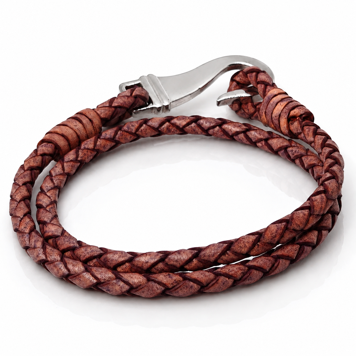 A purple braided leather bracelet with a silver metal lobster clasp, shown on a clean white background.