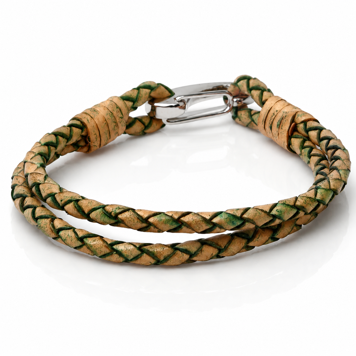 A braided leather bracelet with a silver metal clasp, featuring a natural tan leather base with green and dark brown woven accents.