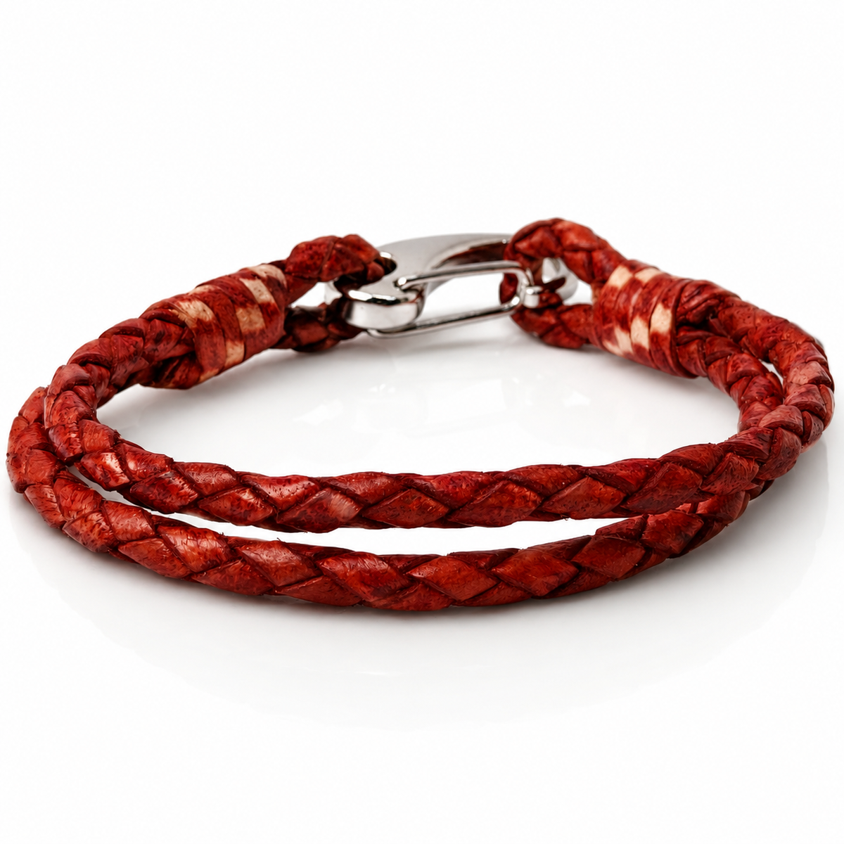 A red braided leather bracelet with a silver metal clasp, shown on a clean white background.