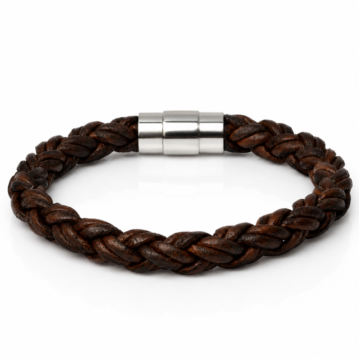 A dark brown braided leather bracelet with a polished silver magnetic clasp, displayed on a clean white background.