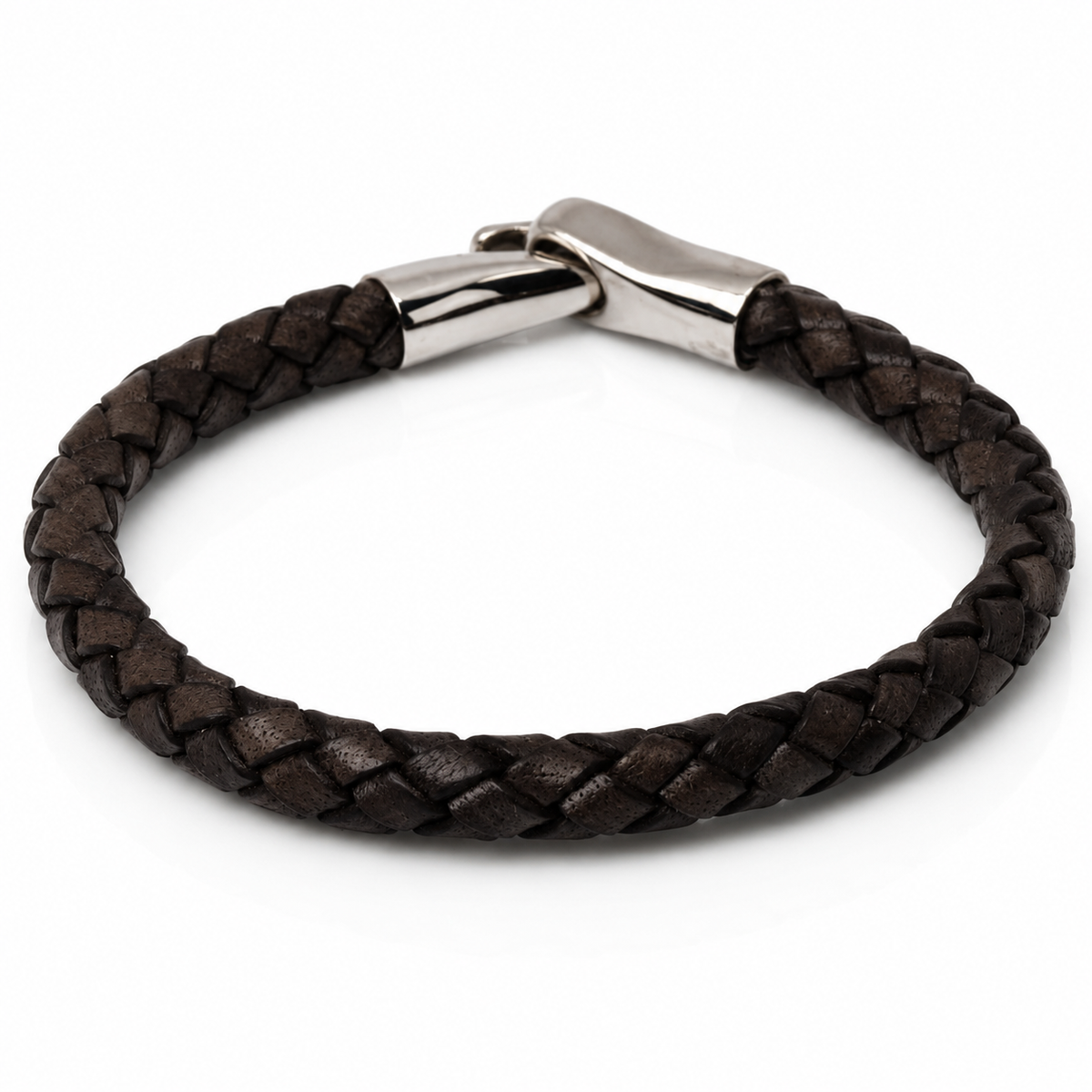 A dark brown braided leather bracelet with a polished silver-tone metal clasp, shown on a clean white background.