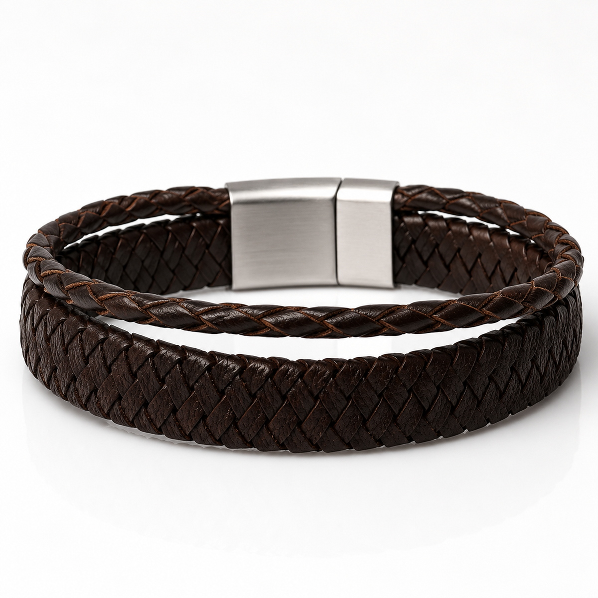 A dark brown braided leather bracelet with a silver-toned rectangular magnetic clasp, shown on a clean white background.