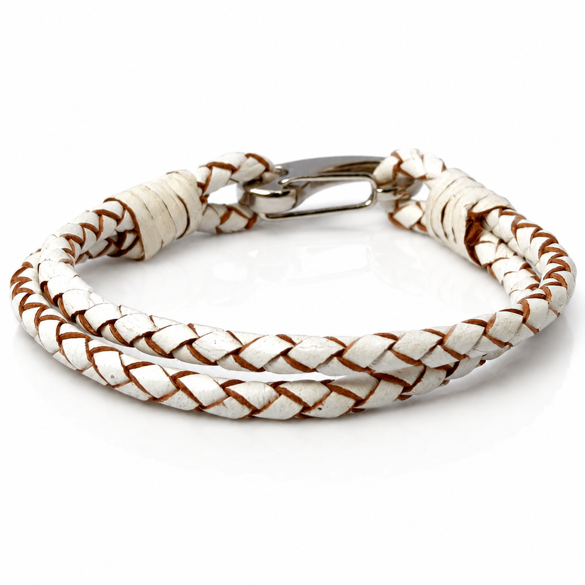 A braided leather bracelet in off-white with brown stitching details and a silver metal clasp, shown on a clean white background.