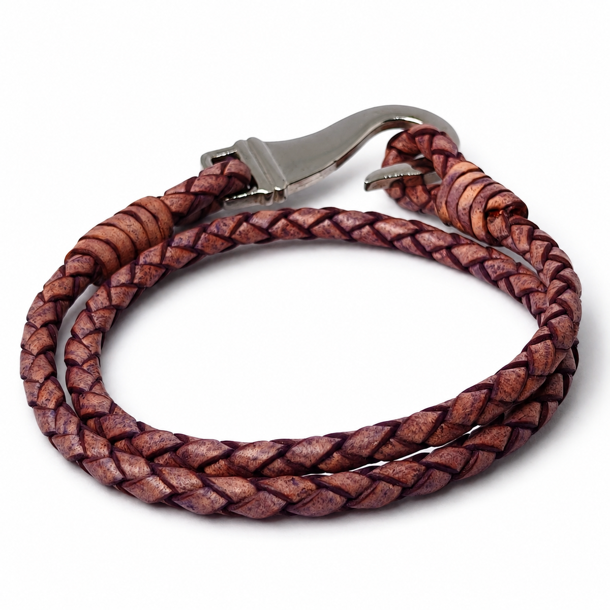 A braided purple leather bracelet with a silver metal lobster clasp, shown on a clean white background.