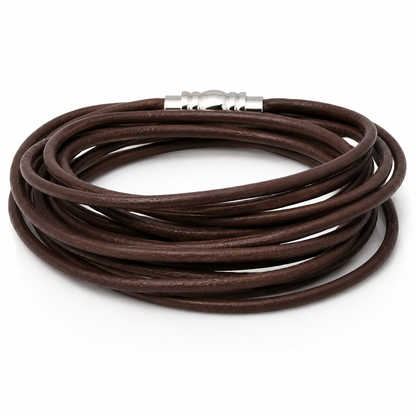 A coiled dark brown leather bracelet with a silver-toned metal clasp, shown on a plain white background.