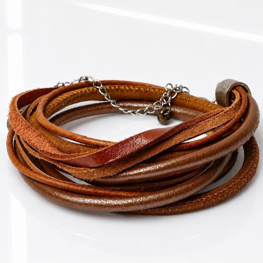 A multi-strand wrap bracelet made of brown leather with a silver-tone chain extender and a small metal bead, displayed on a clean white background.