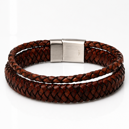 A multi-strand braided brown leather bracelet with a brushed silver metal clasp, displayed on a clean white background.