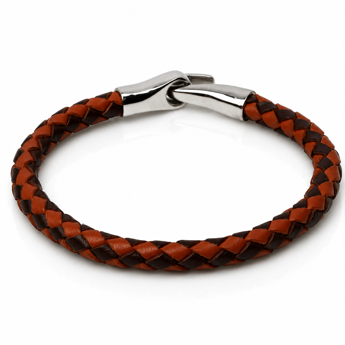 A braided leather bracelet with alternating brown and dark brown woven strands, featuring a polished silver-tone metal clasp, shown on a white background.