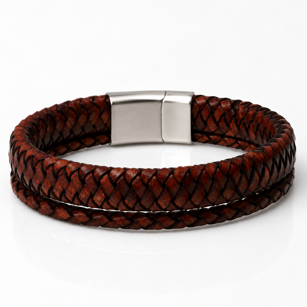 A double-strand braided brown leather bracelet with a polished silver-tone rectangular clasp, displayed on a clean white background.