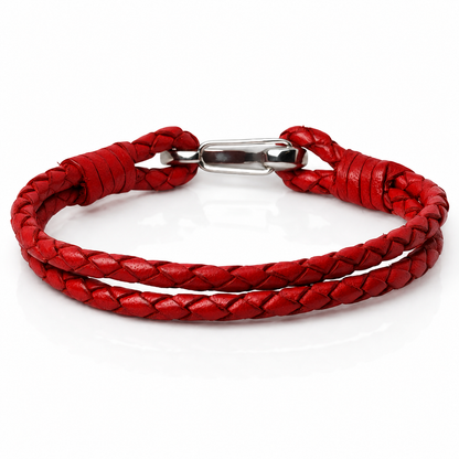 A red braided leather bracelet with a polished silver metal clasp, displayed on a clean white background.
