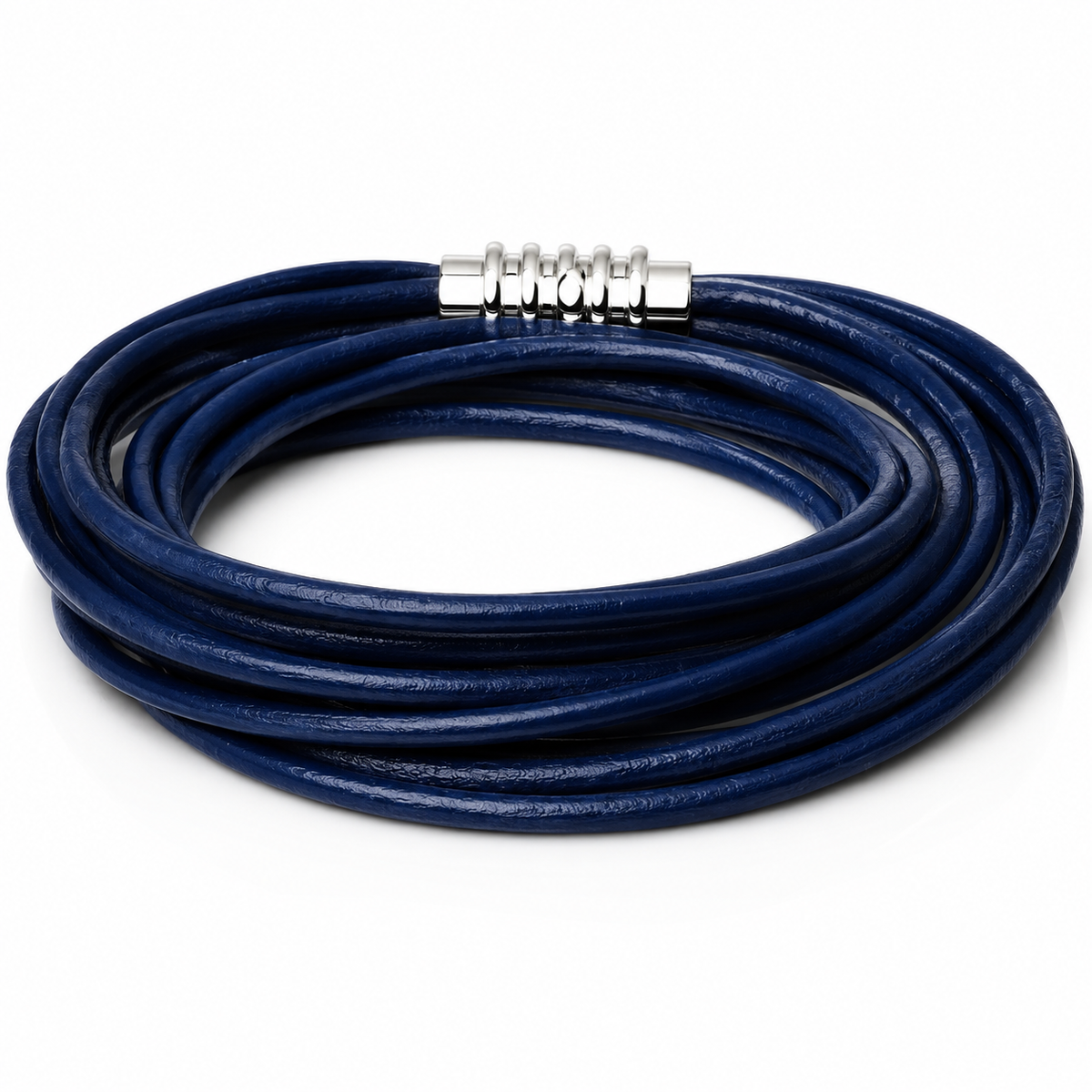 A coiled navy blue leather bracelet with a silver-toned metal spring clasp, shown on a plain white background.