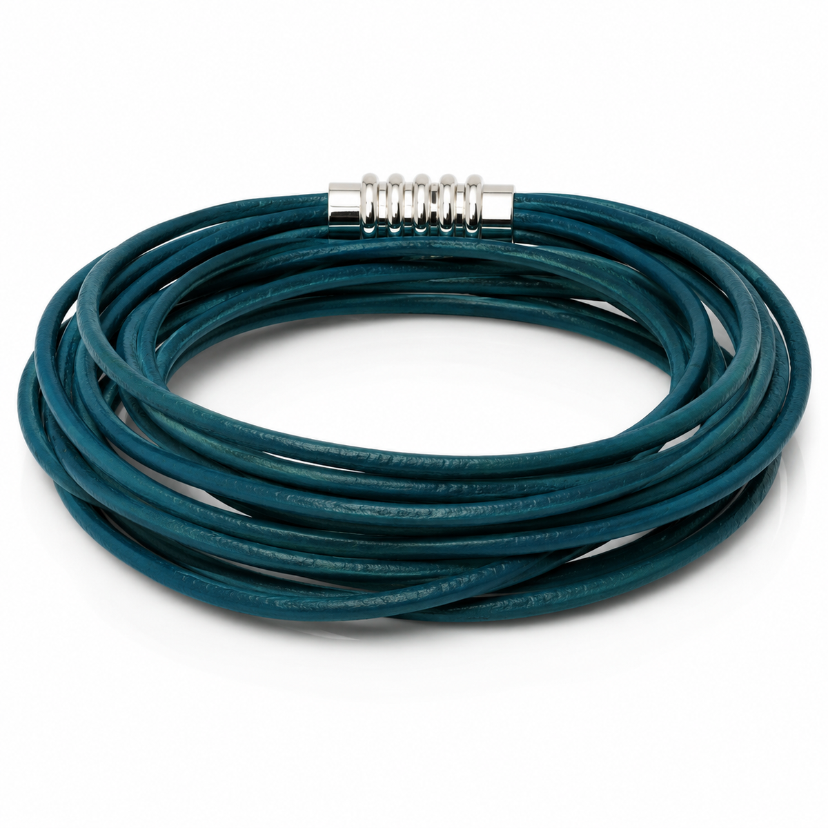 A multi-strand wrap bracelet made of dark teal green cord, featuring a silver metal spring clasp, shown on a clean white background.