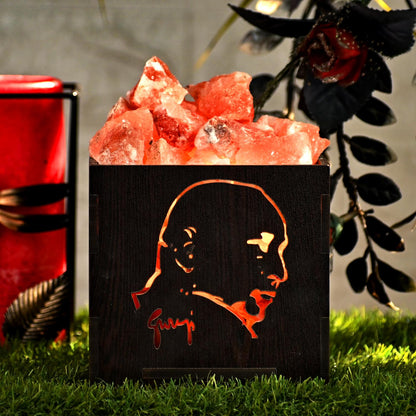 Guru Ji Face Himalayan Rock Salt Wooden Basket Lamp | Healing Aura Crystals