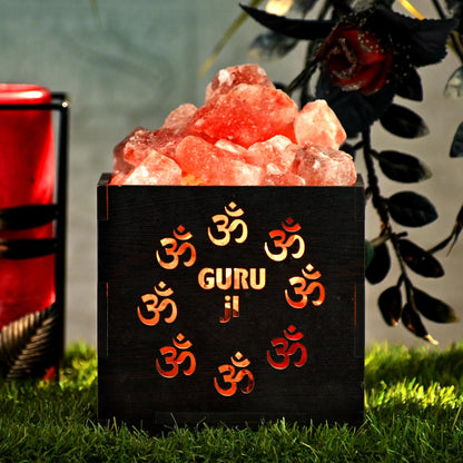 Guru Ji Face Himalayan Rock Salt Wooden Basket Lamp | Healing Aura Crystals