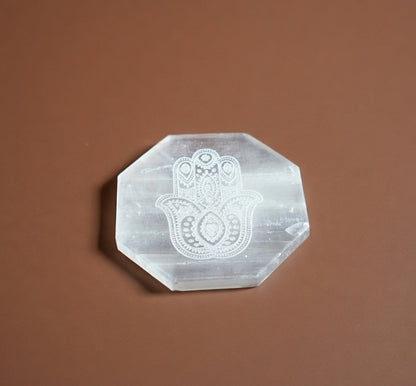 Selenite Charging Plate with carving (3 inch)