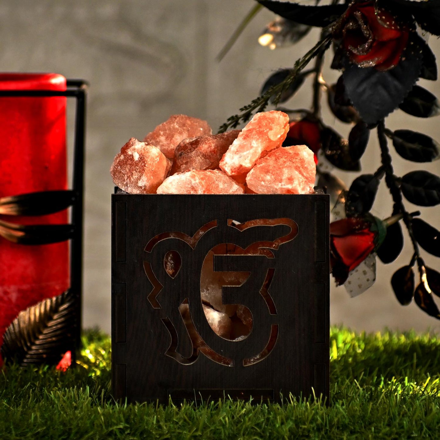 Ek Omkaar Himalayan Rock Salt Wooden Basket Lamp – Spiritual Salt Lamp (Design 1)