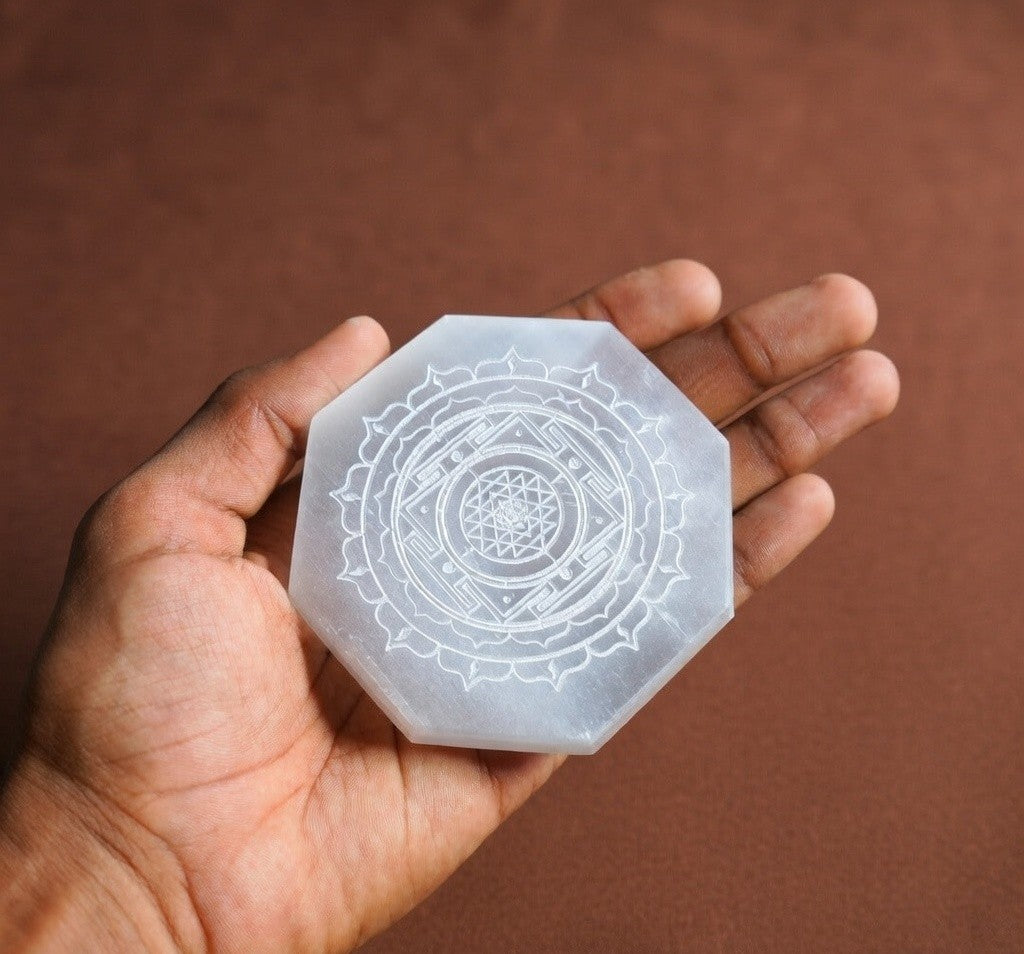 Selenite Charging Plate with carving (3 inch)