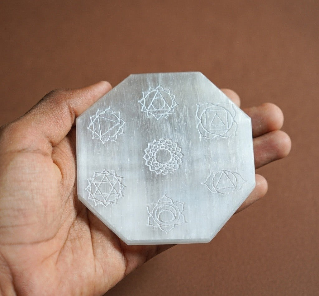 Selenite Charging Plate with carving (3 inch)