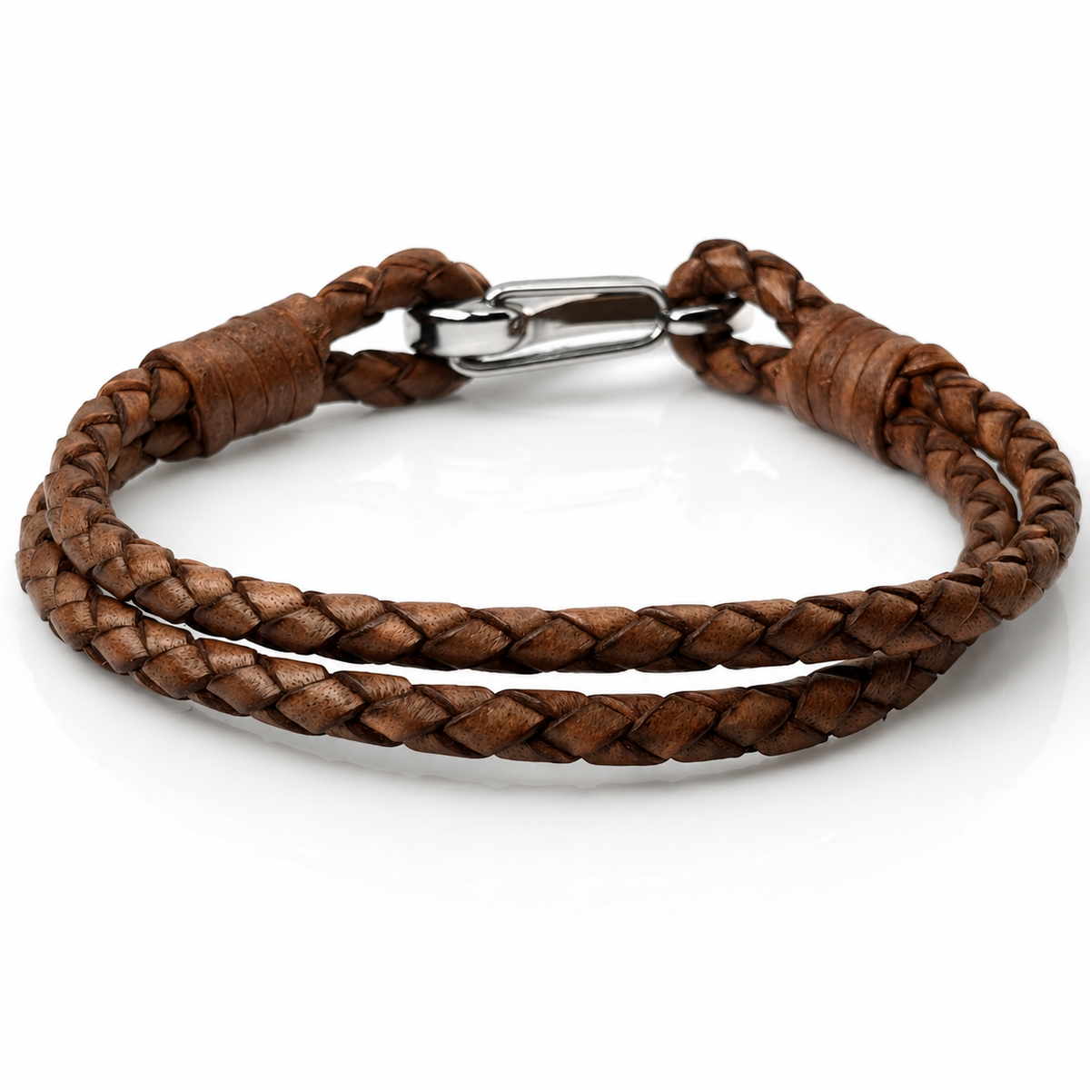 A brown braided leather bracelet with a silver metal lobster clasp, displayed on a clean white background.