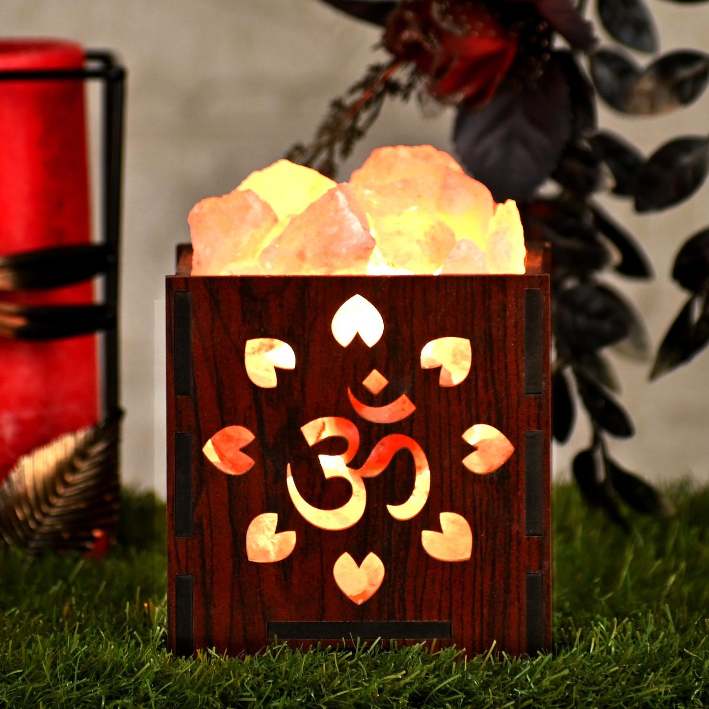 OM Himalayan Rock Salt Wooden Basket Lamp – Spiritual OM Salt Lamp (Design 1)