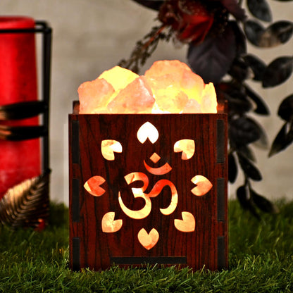 OM Himalayan Rock Salt Wooden Basket Lamp – Spiritual OM Salt Lamp (Design 1)