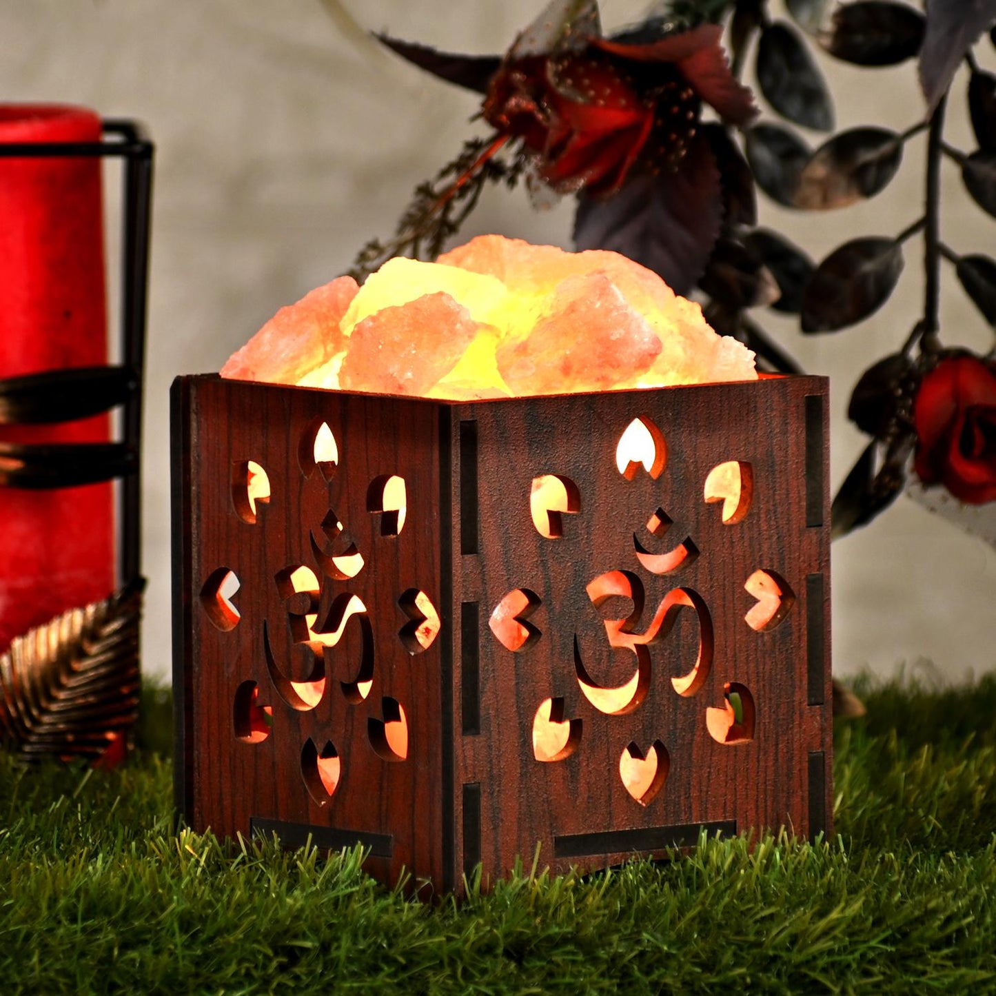 OM Himalayan Rock Salt Wooden Basket Lamp – Spiritual OM Salt Lamp (Design 1)