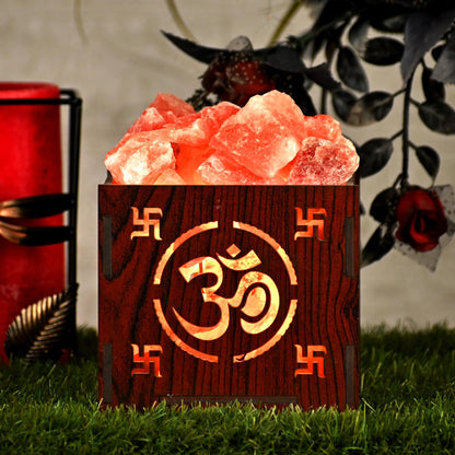 OM Himalayan Rock Salt Wooden Basket Lamp – Healing OM Lamp (Design 2)