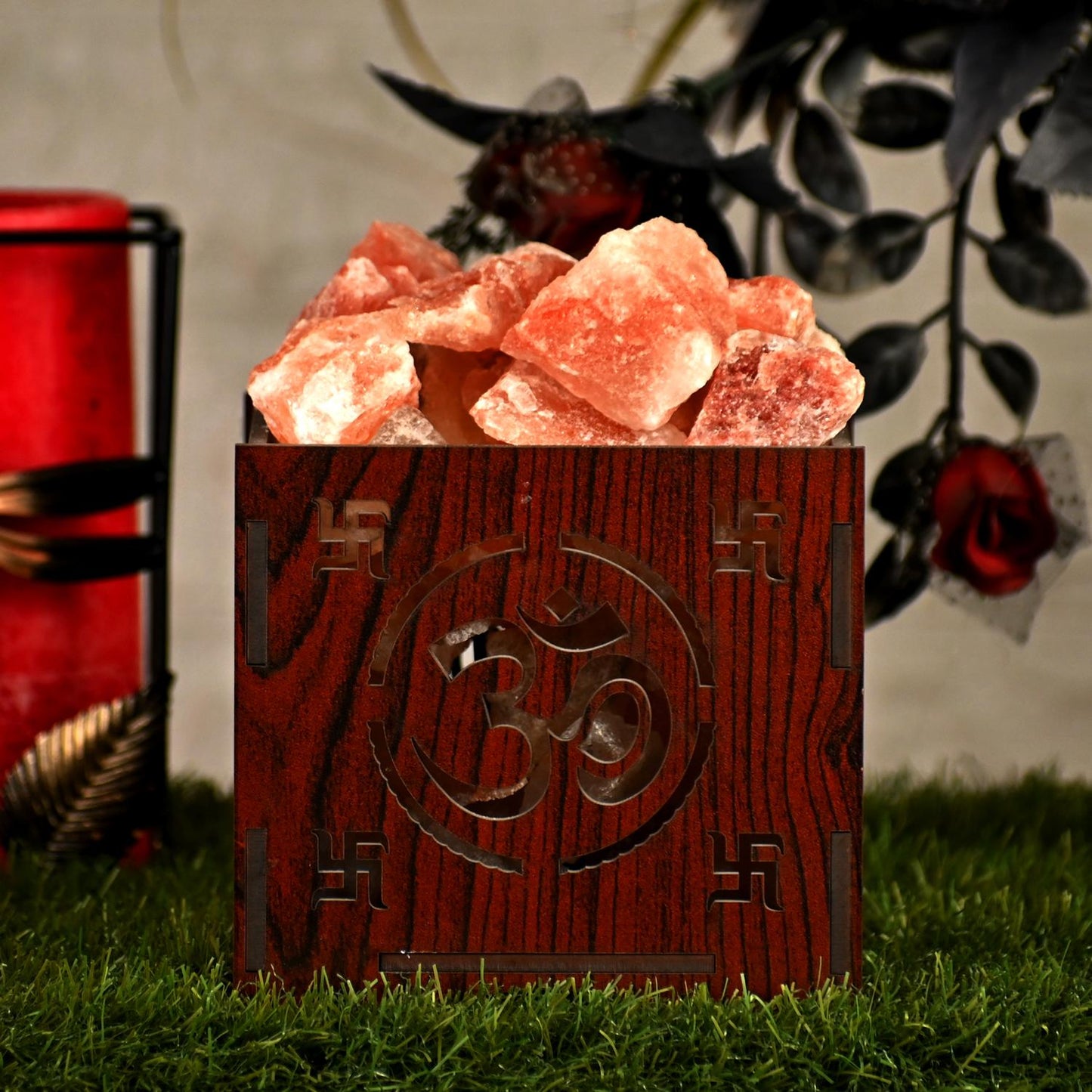 OM Himalayan Rock Salt Wooden Basket Lamp – Healing OM Lamp (Design 2)
