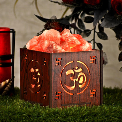 OM Himalayan Rock Salt Wooden Basket Lamp – Healing OM Lamp (Design 2)
