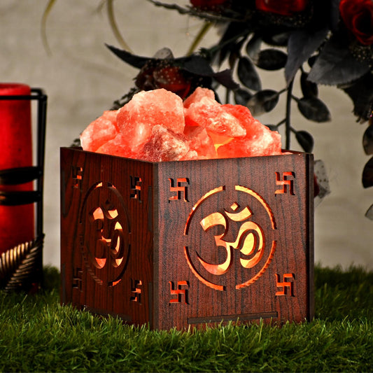 OM Himalayan Rock Salt Wooden Basket Lamp – Healing OM Lamp (Design 2)