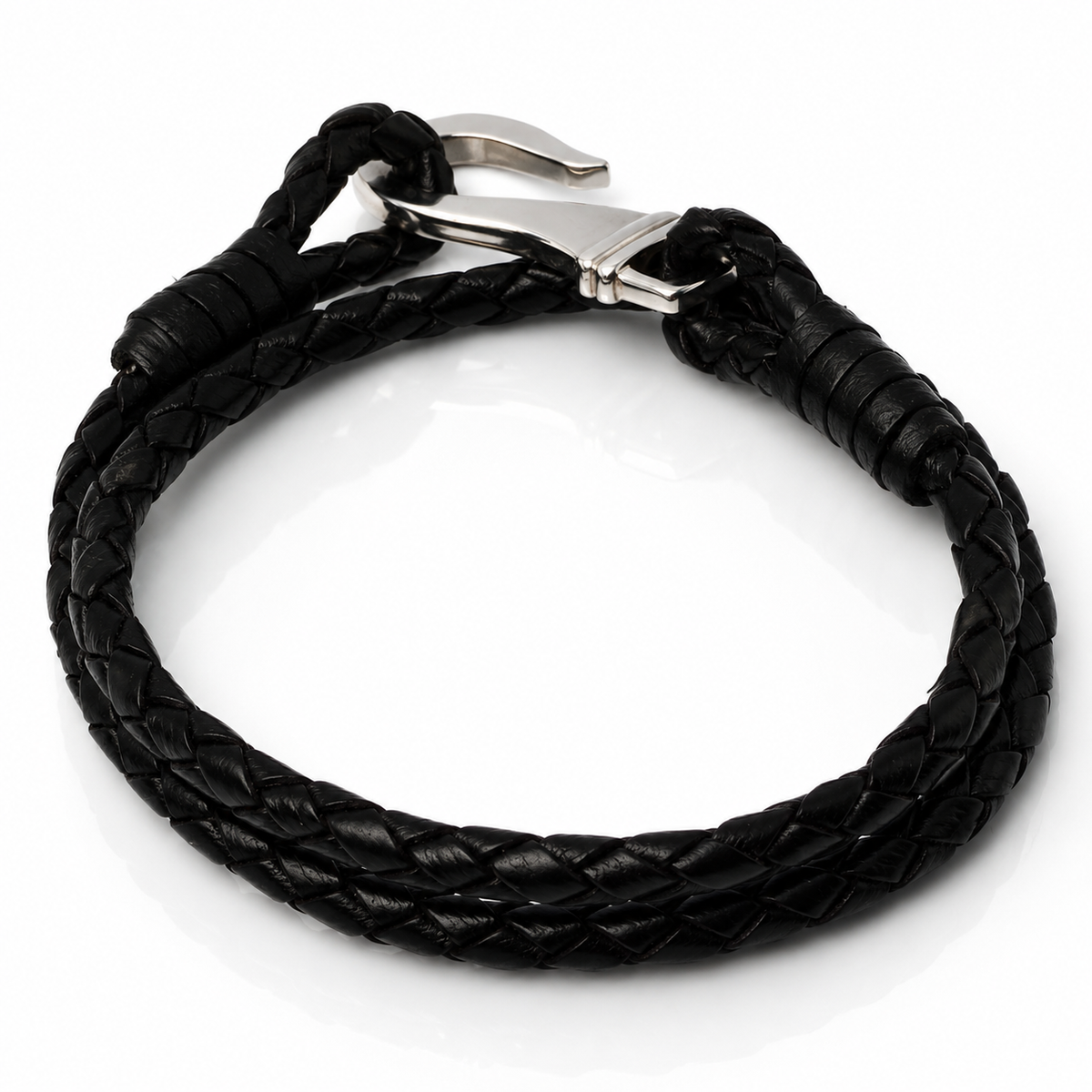 A black braided leather bracelet with a silver-toned metal lobster clasp, displayed on a clean white background.
