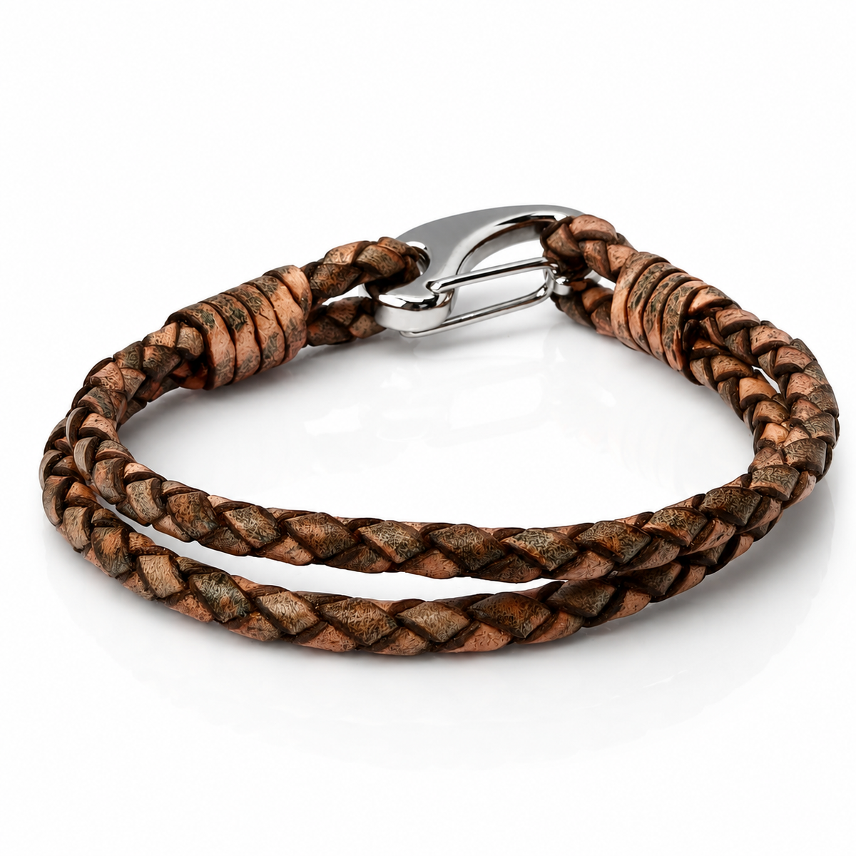 A double-strand braided leather bracelet with a distressed brown and bronze finish, featuring a silver-tone metal lobster clasp, shown on a white background.