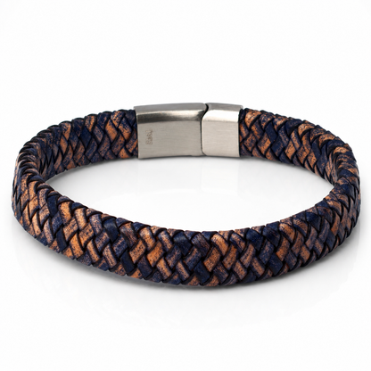 A braided leather bracelet with a metallic silver clasp, featuring a woven pattern of dark navy blue and warm brown leather, shown on a white background.