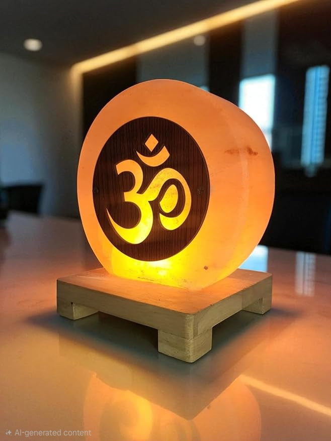 Decorative lamp with Om symbol on a wooden base in a blurred indoor setting