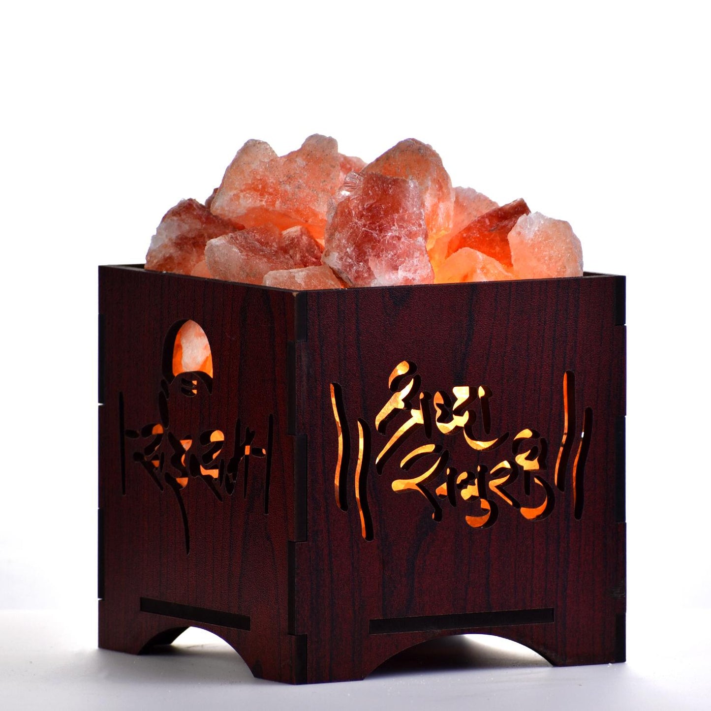 Om Sai Ram Himalayan Rock Salt Wooden Basket Lamp – Devotional Wooden Salt Lamp