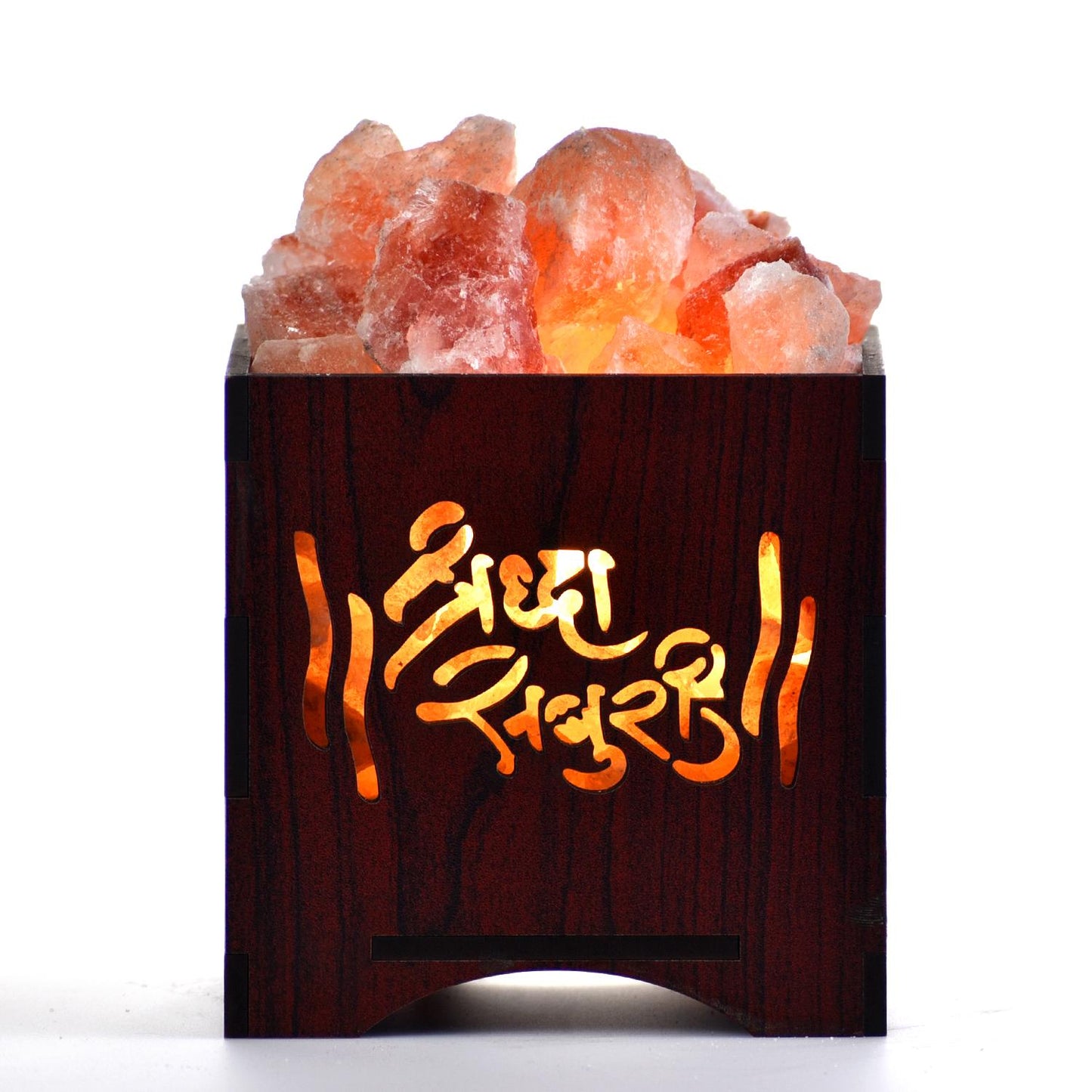 Om Sai Ram Himalayan Rock Salt Wooden Basket Lamp – Devotional Wooden Salt Lamp